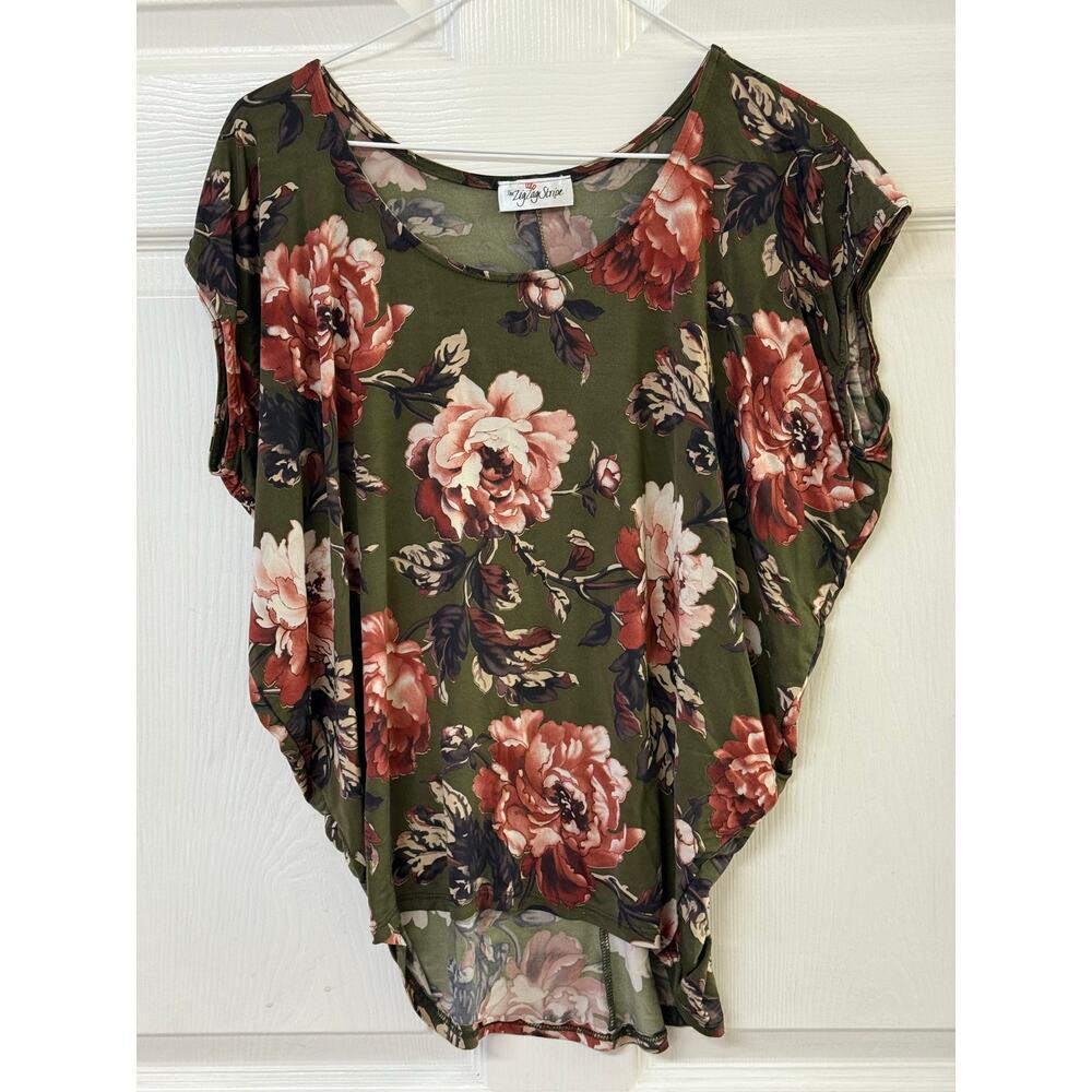 The ZigZag Stripe Olive Green Floral Batwing Sleeve Top | Size S/CH